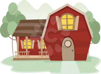 Illustration of a Rural Scence Featuring a Red Barnhouse