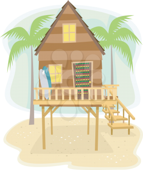 Illustration of a Beach House with Surfboards Resting on the Side