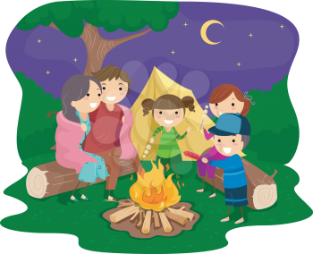 Illustration of a Family Gathered Around a Bonfire
