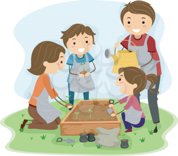 Illustration of a Family Planting Plants Together