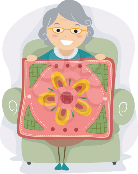Illustration of a Grandmother Proudly Holding a Quilt