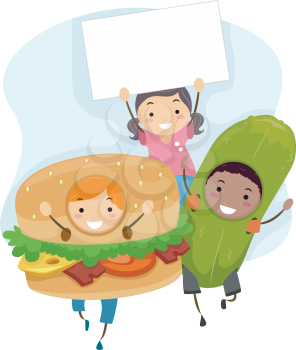 Illustration of Children in Costume (Hamburger and Pickle) with a Blank Board
