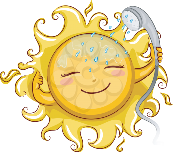 Illustration of a Cheerful Sun Showering with a Telephone Shower