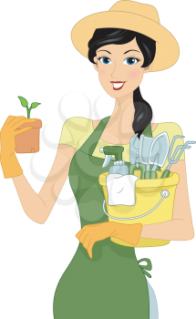 Illustration of a Girl Carrying Gardening Materials
