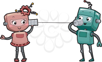 Illustration of a Pair of Robots Using Can Telephones to Talk