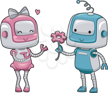 Illustration of a Male Robot Handing a Flower to a Female Robot