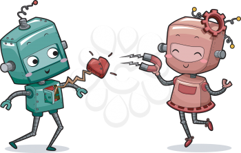 Illustration of a Female Robot Stealing the Heart of a Male Robot