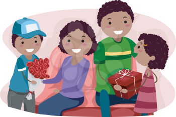 Illustration of Kids Giving Their Parents Valentine's Gifts