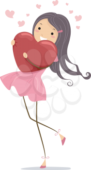 Illustration of a Girl Hugging a Heart-shaped Pillow Tightly