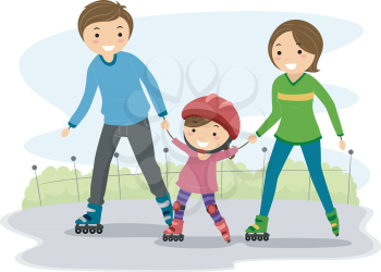 Illustration of Parents Teaching their Kid to Rollerblade