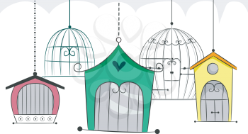 Illustration Featuring Colorful Bird Cages
