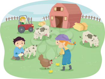 Royalty Free Clipart Image of Children on a Farm