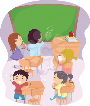 Royalty Free Clipart Image of Children Misbehaving in a Classroom 