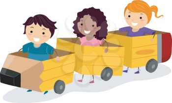 Royalty Free Clipart Image of Children in Handmade Carts Shaped Like a Pencil