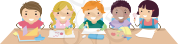 Royalty Free Clipart Image of Children Working at Their Desk