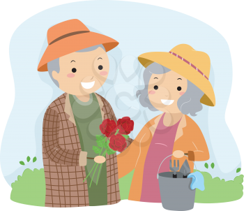 Royalty Free Clipart Image of a Senior Couple Gardening