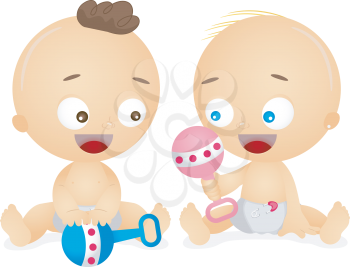 Royalty Free Clipart Image of Babies With Rattles