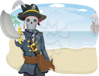Royalty Free Clipart Image of a Skeleton Pirate Pointing His Sword