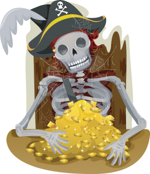 Royalty Free Clipart Image of a Skeleton Pirate With Gold 