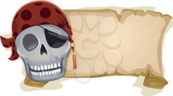 Royalty Free Clipart Image of a Pirate Skull Beside a Banner