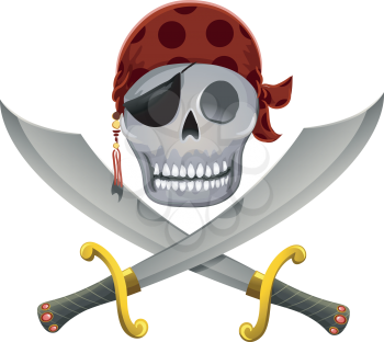 Royalty Free Clipart Image of a Pirate Skull Over Crossed Scimitars