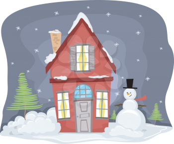 Royalty Free Clipart Image of a Snowman Outside a House
