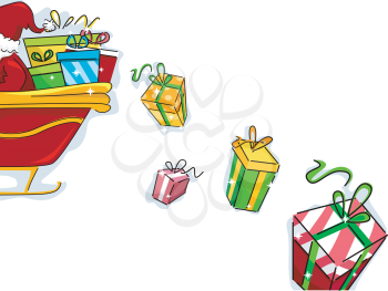 Royalty Free Clipart Image of Gifts Falling From Santa's Sleigh