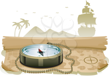 Royalty Free Clipart Image of a Compass on a Treasure Map