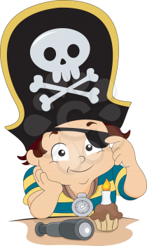 Royalty Free Clipart Image of a Boy Dressed as a Pirate With a Cupcake and Candle