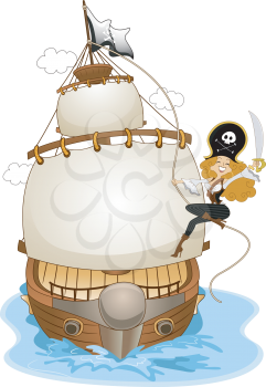 Royalty Free Clipart Image of a Girl on the Side of a Pirate Ship