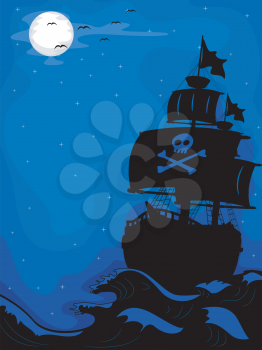 Royalty Free Clipart Image of a Pirate Ship at Night