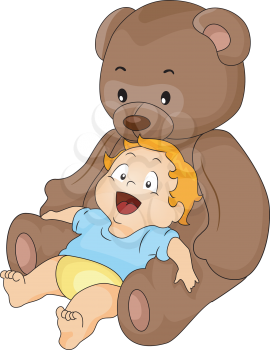 Royalty Free Clipart Image of a Baby Boy Leaning on a Big Teddy Bear