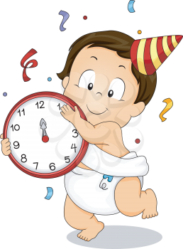 Royalty Free Clipart Image of a Baby Boy in a Party Hat Holding a Clock
