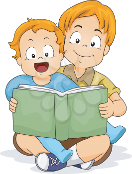 Royalty Free Clipart Image of a Big Boy Reading to His Baby Brother