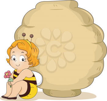 Royalty Free Clipart Image of a Little Girl in a Bee Costume Beside a Hive