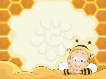 Royalty Free Clipart Image of a Baby Girl in a Bee Costume in a Honeycomb Frame