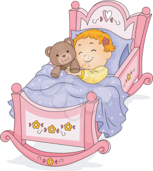 Royalty Free Clipart Image of a Baby Girl in Bed With a Teddy