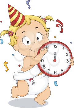 Royalty Free Clipart Image of a Baby Girl in a Hat Holding a Clock