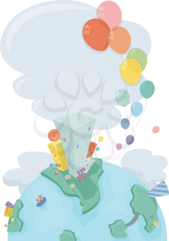Royalty Free Clipart Image of an Urban Landscape on a Globe With Balloons