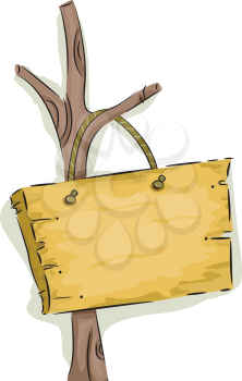Royalty Free Clipart Image of a Wooden Sign on a Tree