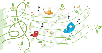 Royalty Free Clipart Image of Songbirds on a Leafy Staff Line