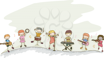 Royalty Free Clipart Image of Children Playing Different Musical Instruments