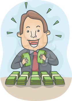 Royalty Free Clipart Image of a Man With Bundles of Money