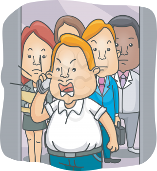 Royalty Free Clipart Image of a Man With a Cellphone in a Crowded Elevator