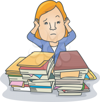 Royalty Free Clipart Image of a Woman Overwhelmed With Work