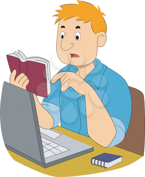 Royalty Free Clipart Image of a Man at a Computer With a Book