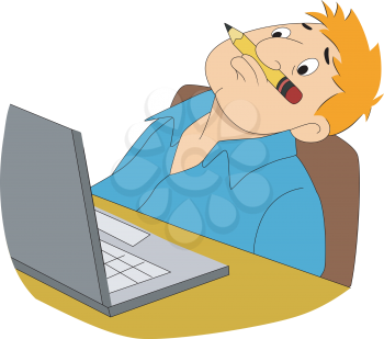 Royalty Free Clipart Image of a Man at a Computer With a Pencil Under His Nose