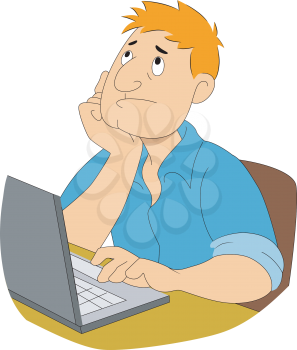 Royalty Free Clipart Image of a Man With His Chin in His Hand at a Computer