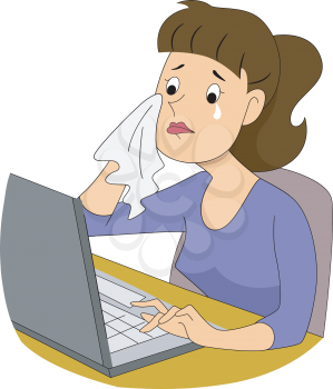 Royalty Free Clipart Image of a Woman Crying at a Computer