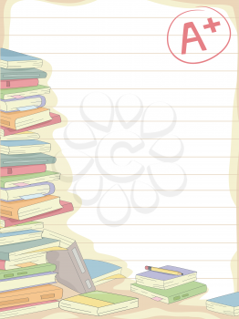 Royalty Free Clipart Image of a Stack of Books on Lined Paper With an A+ Grade